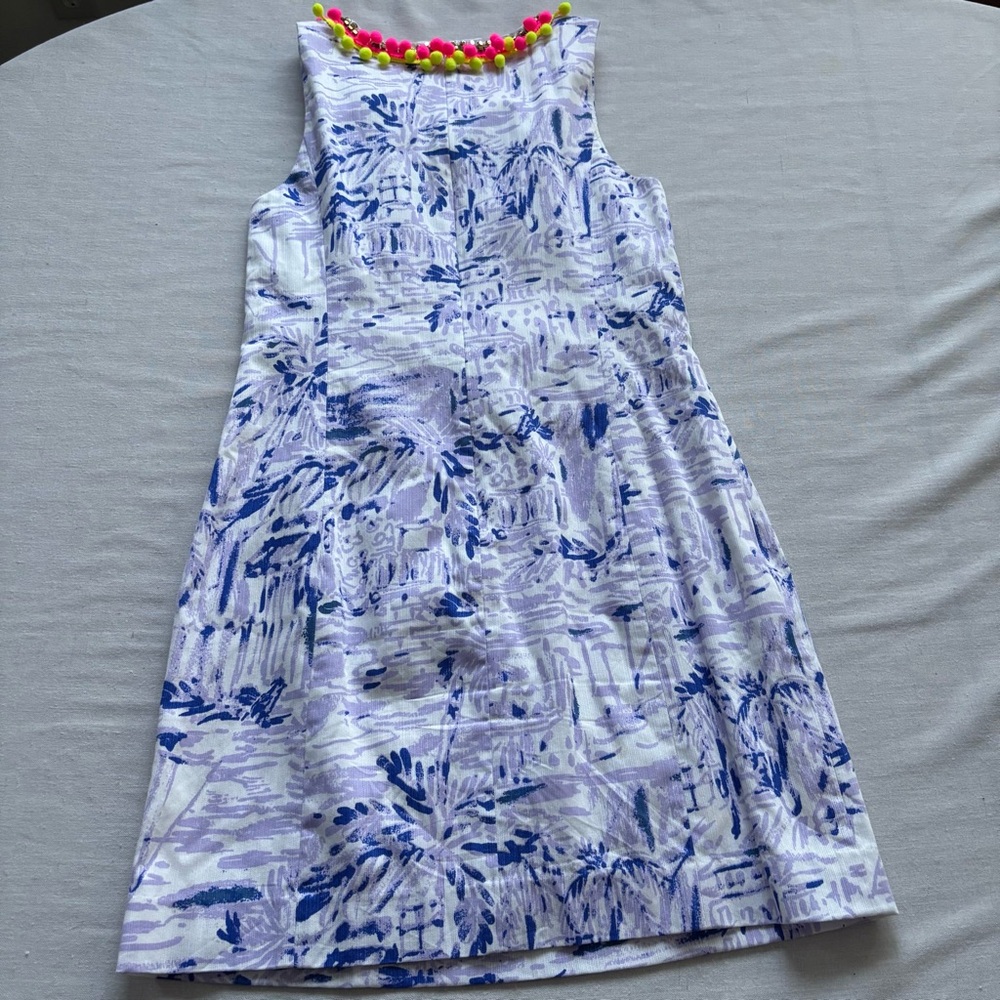 Sleeveless Blue & White Printed Shift Dress with Beaded Neckline - Picture 5 of 10